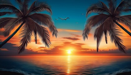 vintage-tropical summer style poster with palm trees and the sun setting over an ocean