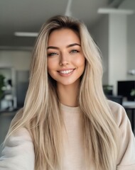 Fototapeta premium A woman with long blonde hair smiling at the camera