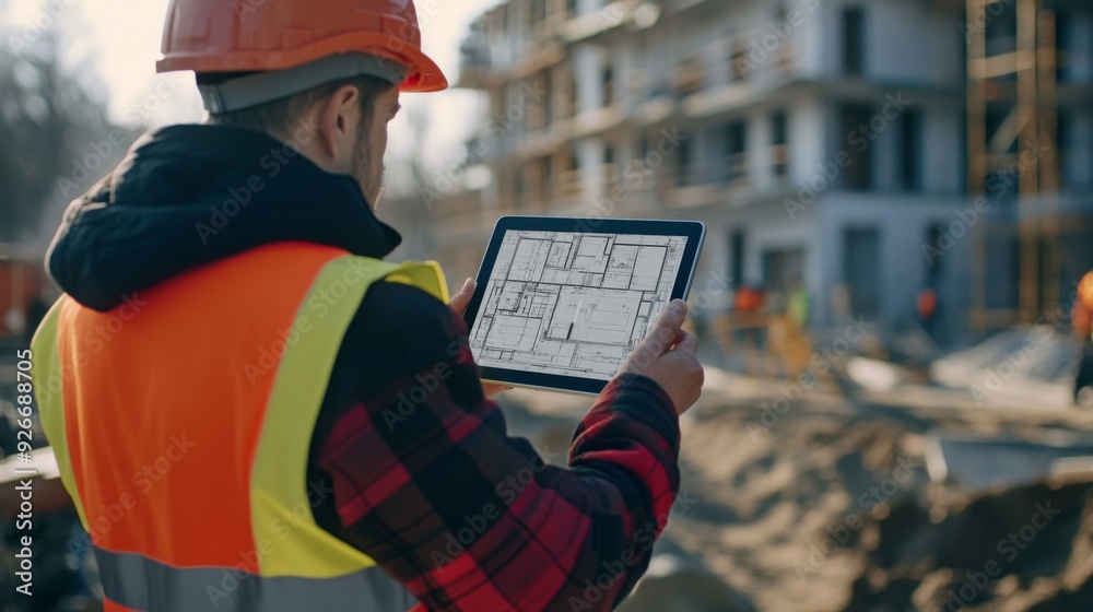 Poster a detailed shot of a site engineer holding a tablet with construction plans open, wearing a high-vis