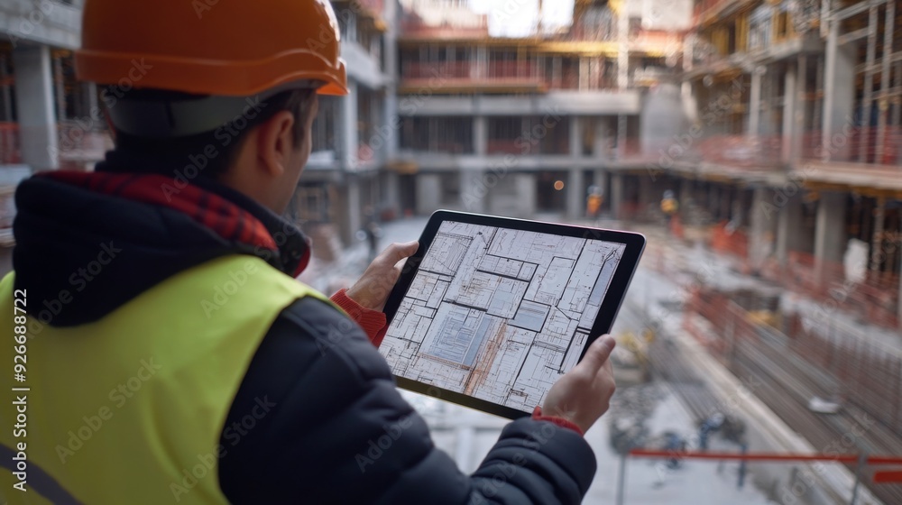 Poster a detailed shot of a site engineer holding a tablet with construction plans open, wearing a high-vis