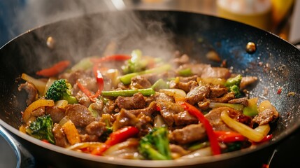 A detailed shot of a sizzling pan with a delicious stir-fry, showcasing the vibrant mix of vegetables and meat as it cooks.