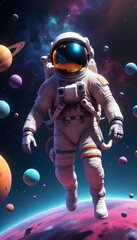 A middle-aged male astronaut floating in space surrounded by colorful planets and moons