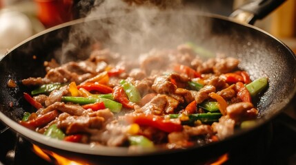 A detailed shot of a sizzling pan with a delicious stir-fry, showcasing the vibrant mix of vegetables and meat as it cooks.