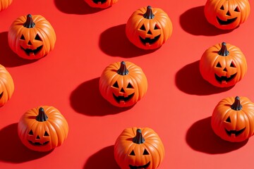 Cute Halloween pumpkins with carved faces on an orange background. Ideal for Halloween-themed graphics and decor.
