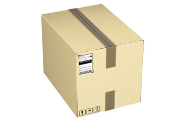 Cardboard box isolated on white. Package with information sticker. Box for delivery of fragile goods. Parcel is sealed with tape. Box from courier service. Postal delivery of items. 3d image