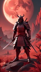 Fototapeta premium A samurai warrior wearing a red and black armor, holding a katana sword, standing in a dramatic landscape with a large moon in the background