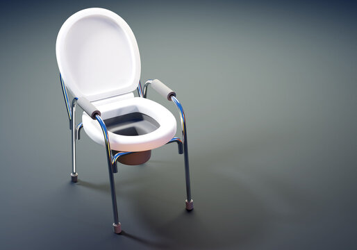 Commode chair. Mobile toilet can. Commode chair for hospital patients. Medical toilet on gray floor. Commode chair for sick people. Toilet can for medical center. Aided bathroom. 3d image