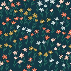 Vector Ditsy floral seamless pattern. Simple and cute colorful flowers on dark green background. Floral endless print for fabric design. Ideal for  summer female dresses. 