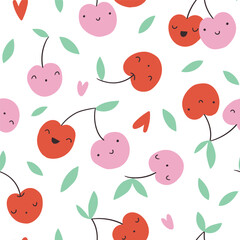 Cute cherry seamless pattern. Simple and stylish fruit design for kids fabric or wallpaper. Vector cherry seamless texture.  Cute baby print design.