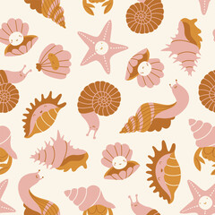 Sea shells, snails and starfish seamless pattern. Vector sea texture in cartoon style. Hand-drawn cute beach shells for baby fabric. Cute ocean repeated background.  Vector illustration
