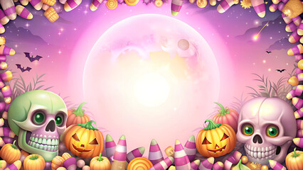 Naklejka premium Pastel Halloween Candy Border with Skulls and Pumpkins on Pink Background with Copy Space