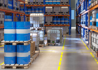 Chemical warehouse. Barrels inside storage building. Warehouse with toxic products. Interior...