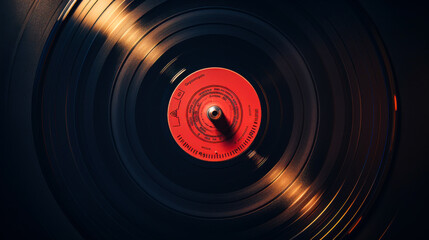 Vinyl record on turntable with red label background