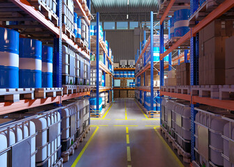 Industrial warehouse. Storehouse with barrels and boxes. Corridor between warehouse shelving....