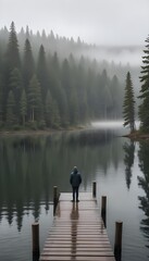 A person standing on a wooden dock overlooking a serene lake surrounded by a dense pine forest on a misty, overcast day