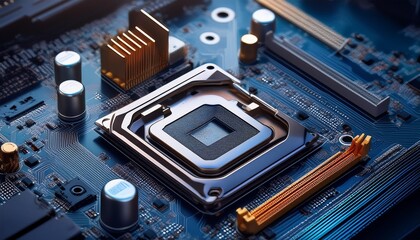 A close-up image of a computer motherboard with an empty CPU socket.