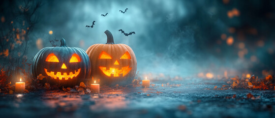 Fototapeta premium Halloween pumpkins at night with a scary atmosphere