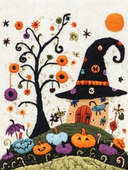 Embroidery old scary house haunted castle of a Halloween holiday background