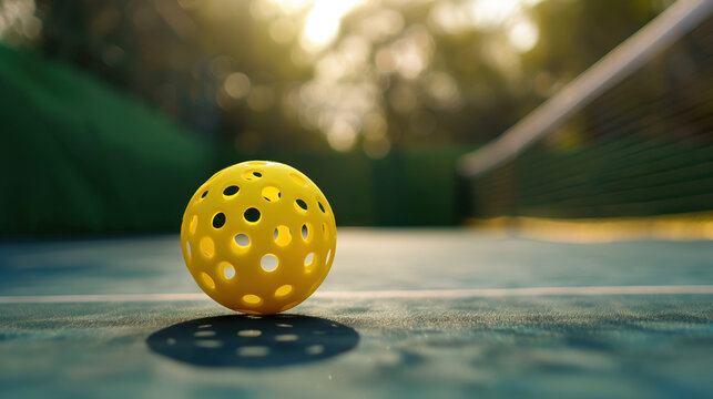 Pickleball on court closeup background image. Sports closeup outside pickle-ball with blurred backdrop. Extra room for text