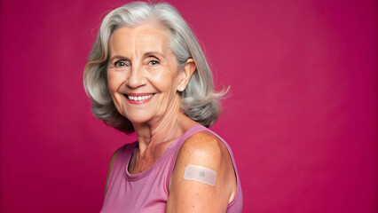 Positive senior female showing arm with patch after vaccination from COVID on pink background and looking at camera
