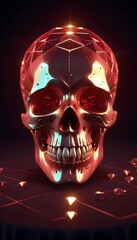 A close-up view of a human skull with a menacing expression, set against a dark background