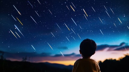 A child gazes in wonder at a stunning starry night, capturing the beauty of the cosmos with shooting stars illuminating the sky.