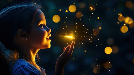 A joyful girl interacts with sparkling light, showcasing wonder and magic in a serene nighttime setting.