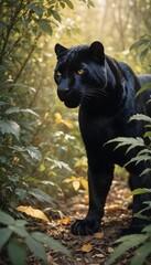 A black panther standing in a lush, green forest environment with sunlight filtering through the foliage