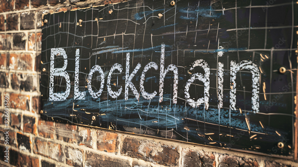 Aufkleber creative blockchain concept on a chalkboard fixed to a brick wall, symbolizing finance, tech, and in