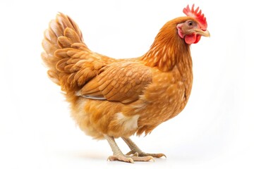 Fototapeta premium A beautiful golden brown hen stands on a white background, showcasing its vibrant feathers, red comb, and watchful gaze, symbolizing rural life, fresh produce, farm animals, healthy food, and the cir