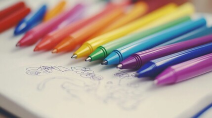 A detailed shot of colored pens lying on a white desk with a sketchbook open, featuring colorful doodles and designs.
