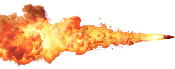 A missile rocket with fire trail isolated on transparent background.