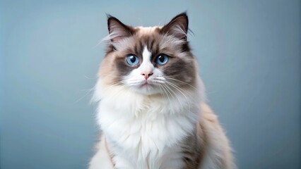 Fototapeta premium A beautiful Ragdoll cat with striking blue eyes stares directly at the camera. Its soft, fluffy fur and calm expression convey a sense of peace and tranquility. The light blue background highlights t
