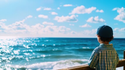 Fototapeta premium A young boy gazes at the serene ocean, enjoying the beauty of nature and bright, sunny skies on a peaceful day.