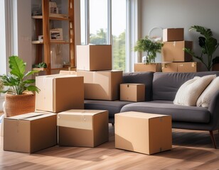 A living room full of moving boxes