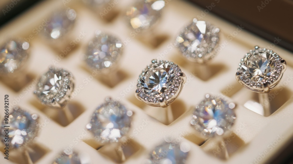 Aufkleber A detailed shot of diamond earrings in a display case, with a focus on the sparkle of the diamonds and the quality of the setting under soft lighting.