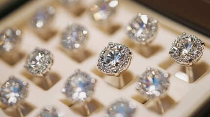 A detailed shot of diamond earrings in a display case, with a focus on the sparkle of the diamonds and the quality of the setting under soft lighting.