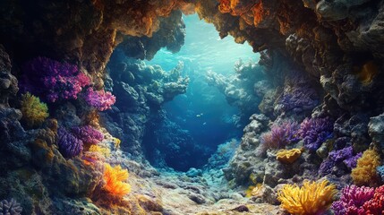 Naklejka premium A rocky underwater cave entrance, with colorful coral growing along the walls.