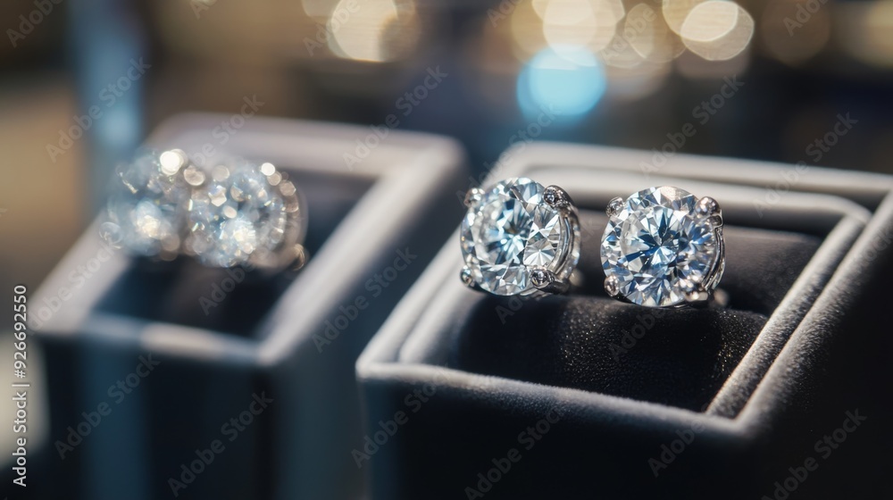 Aufkleber A detailed shot of diamond earrings in a display case, with a focus on the sparkle of the diamonds and the quality of the setting under soft lighting.
