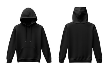 Classic black hoddie displayed front and back view isolated on white background 