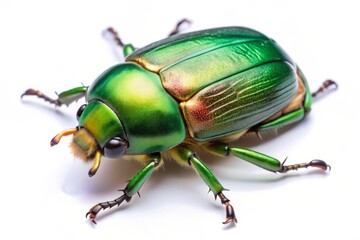 Naklejka premium A close-up photograph of a vibrant green beetle with iridescent wings, showcasing its intricate details and captivating colors.