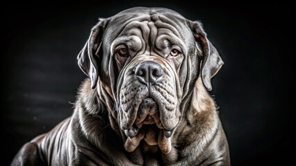 A close-up portrait of a large grey Mastiff dog with a serious expression, showcasing its powerful build, wrinkled face, and intense gaze, symbolizing loyalty, strength, and protection.