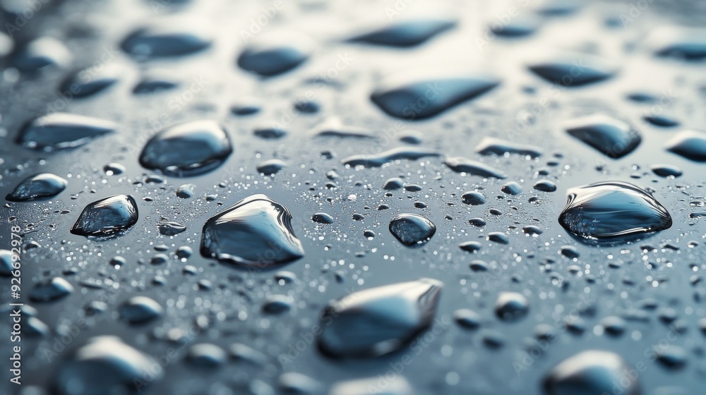 Fototapete A detailed shot of water droplets on a metallic surface, with reflections and highlights creating a textured, visually interesting pattern.