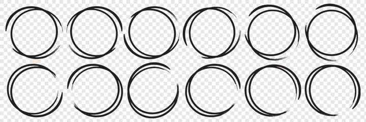 Hand drawn circle line sketch set. Vector circular scribble doodle round circles for message note mark design element. Pencil or pen graffiti bubble or ball draft illustration. EPS 10.