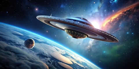 Obraz premium Spaceship and UFO flying together in outer space, spacetime, galaxy, spacecraft