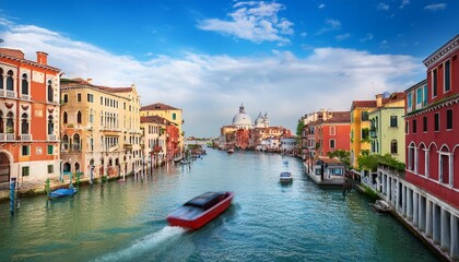 Obraz premium A view of Venice from a bridge with colorful buildings and a boat passing by