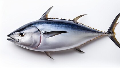 A whole raw tuna fish on a white background
