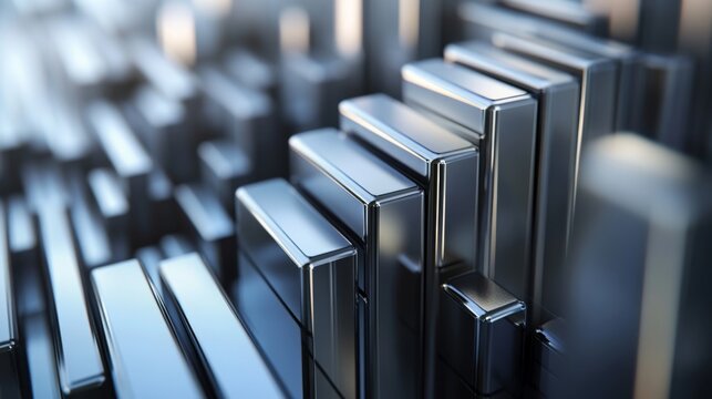 A detailed view of a 3D bar chart with bars in a metallic finish, highlighting data comparisons with a polished and professional design.