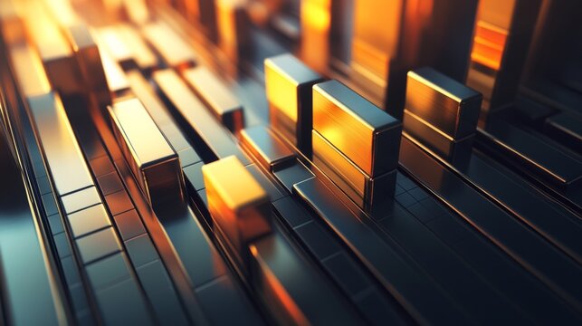 A detailed view of a 3D bar chart with bars in a metallic finish, highlighting data comparisons with a polished and professional design.