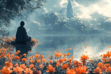 serene animestyle digital painting of a contemplative man surrounded by flowers beside a tranquil lake soft pastel palette and dreamy atmosphere evoke a sense of peace and reflection
